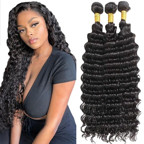 Deep Wave Bundles Human Hair Deep Human Hair Bundles Unprocessed Brazilian Virgin Hair Extensions for Black Women Natural Black Color 16 18 20 inch