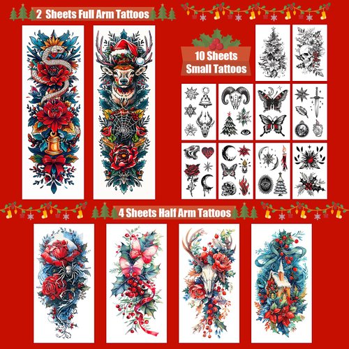 Partywind Christmas Temporary Tattoos for Adults Women, Christmas Holiday Make Up Tattoo Stickers for Party Supplies Decorations, Realistic Waterproof Tattoos for Christmas Holiday