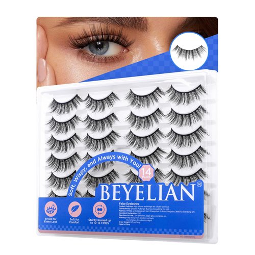 BEYELIAN 14 Pairs False Eyelashes Natural Look D Curl 9-15MM Doll Eye Fake Lashes, Soft and Lightweight Faux Mink Lashes, Reusable, Easy to Apply (14P-HSCS-01)