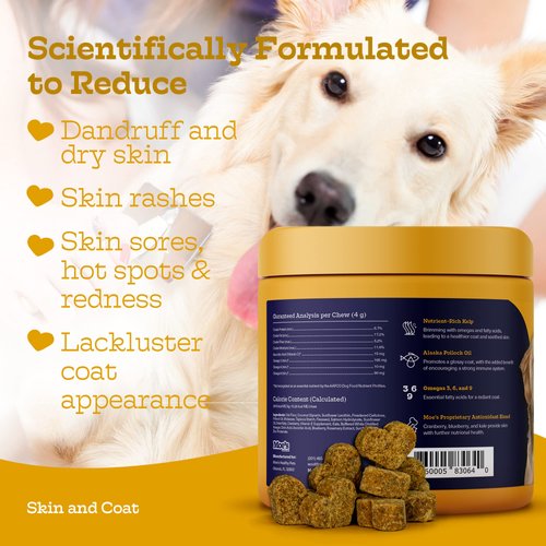 Moe’s Skin & Coat Omega 3, 6, 9 and Vitamin Supplement for Dogs- Supports Dryness, Itch Relief, & Thick, Shiny Coats- Premium Wild Alaskan Salmon Oil- For All Ages and Breeds- 90 Salmon Flavored Chews