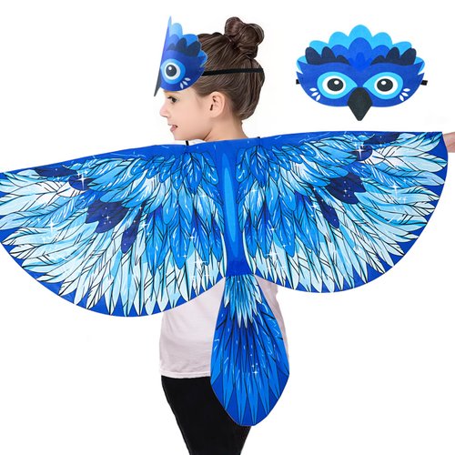 iROLEWIN Bird-Wings-Costume for Kids and Headband, Eagle-Parrot Dress-up-Wings for Girls Boys Halloween-Party Favors (Blue)