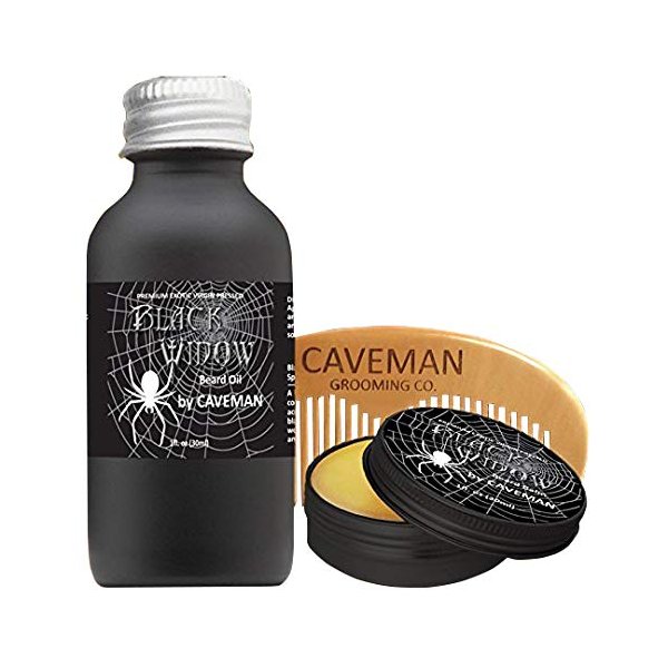 Caveman Black Widow Beard Oil, Leave in Conditioner, 1oz Beard Balm and Handmade Wooden Caveman Comb