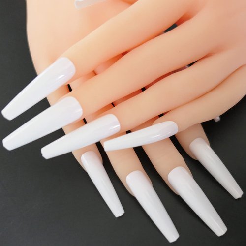 LuckForever 120pc Colored Extra Long Coffin Press on Nails XL Ballerina False Fake Nails Full Cover Artificial Nail Decor 12 Sizes for Salon and Home (White)