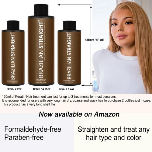 Real BRAZILIAN STRAIGHT Keratin Hair Straightening Treatment 3pc Formaldehyde-Free Pro Result Keratin Protein Arganoil Collagen Amino Acid shiny Hair Salon Results Last 3-6 months All Hair types/color