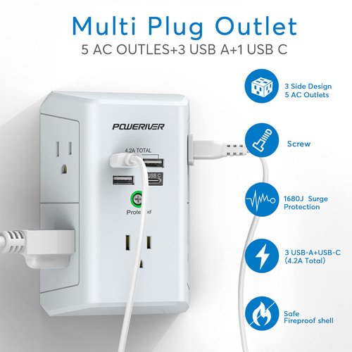 POWERIVER Surge Protector with 4 USB Ports - Multi Outlet Extender for Home, School and Office - ETL Listed, White