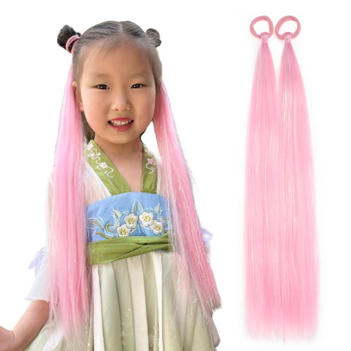 Pink Ponytail Extension, 20 inch Colored Hair Extensions For Kids Ponytail Extension, Colorful Tinsel Ponytail for Crazy Hair Day Festival Hair Extensions, Rave Hair, 2 Packs Wacky Hair