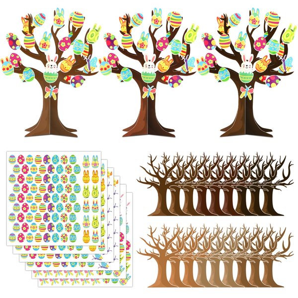 Qyeahkj 30 Sets Easter Tree Craft Kit for Kids Make Your Spring Tree Art 3D Craft with Easter Bunny Colorful Eggs Stickers DIY Art Project Gift for Home Classroom Activity Easter Party Supplies