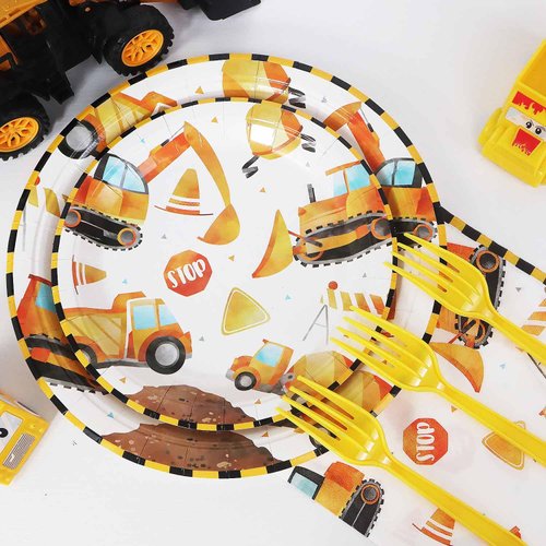 100 Pcs Construction Birthday Party Supplies Decorations Plates Set for 25 Guests, Include Plates Napkins Forks Set for Boys Kids Construction Excavator Theme
