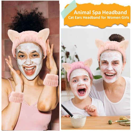 Atoden Cat Ears Spa Headband Wristband Set Animal Skincare Headband Funny Makeup Headband for Washing Face Fluffy Elastic Face Wash Hair Band for Women Girls Cute Trendy Stuff (Pink)