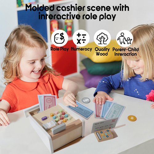 Cash Register Toys Pretend Play Calculator, Credit Card and Scanner Wooden Cash Register Toy Play Food for Boys & Girls Ages 3 4 5 6 7 Year Old as Preschool Gift for Kids
