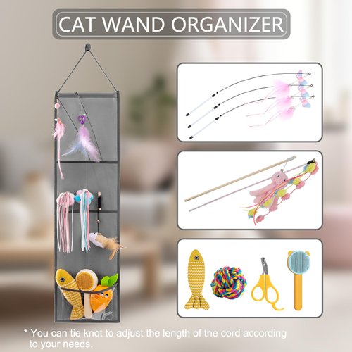 TEMUORG Hanging Cat Wand Holder Kitten Stick Toy Storage Bag Cat Accessories Organizer for Indoor Cats (Fabric Pockets)