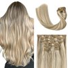 UGOTRAYS Blonde Clip in Hair Extensions Real Human Hair - 15 inch 70g Ash Blonde Mixed Bleach Blonde Straight 7pcs Double Weft - 100% Remy Human Hair Extensions #18p613 15inches
