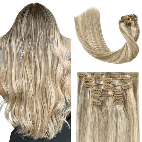 UGOTRAYS Blonde Clip in Hair Extensions Real Human Hair - 15 inch 70g Ash Blonde Mixed Bleach Blonde Straight 7pcs Double Weft - 100% Remy Human Hair Extensions #18p613 15inches