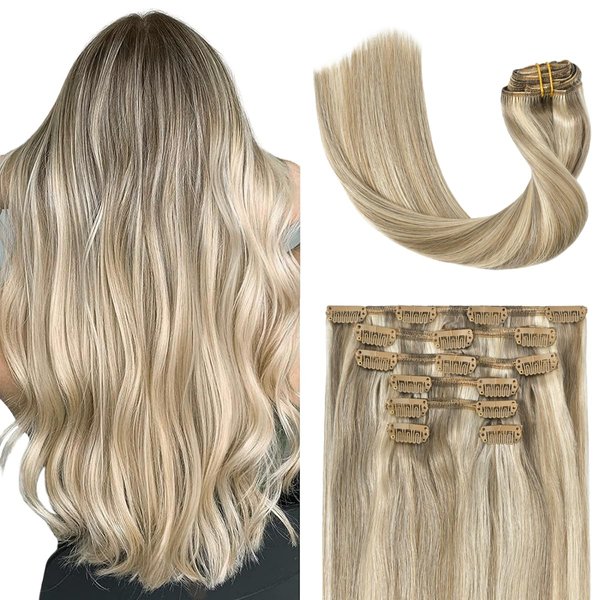 UGOTRAYS Blonde Clip in Hair Extensions Real Human Hair - 15 inch 70g Ash Blonde Mixed Bleach Blonde Straight 7pcs Double Weft - 100% Remy Human Hair Extensions #18p613 15inches