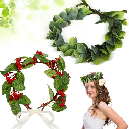 Yilloog 2 Pieces Christmas Flower Laurel Crown Hawaiian Headpiece for Women Berry Leaf Crown Boho...