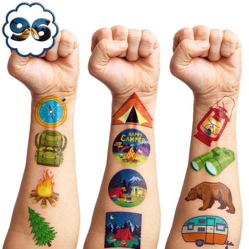 Camp Temporary Tattoos Camping Birthday Theme Party Supplies Decorations Favors Cute Stickers Tattoo 8 Sheets 96 PCS Gifts for Kids Girls Boys Decor Class School Reward Carnival Christmas