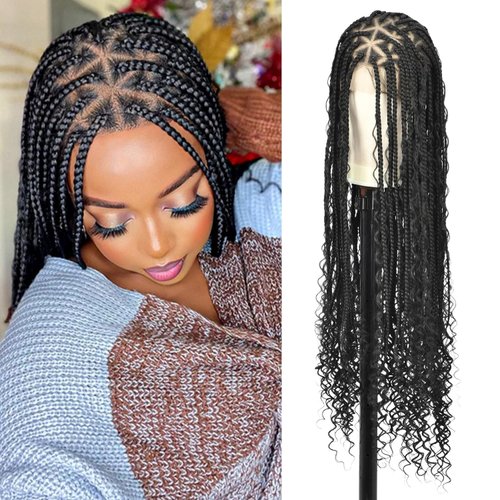 Olymei Boho Braided Wig Box Braid Wig Triangle Knotless Braided Wigs for Women Box Braid with Boho Curls Wig Braided Lace Front Wigs Full Double Lace Front Braided Wigs 36" Black