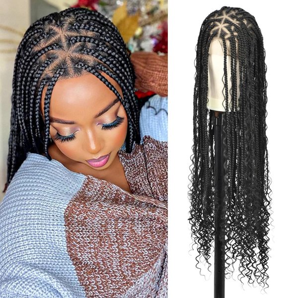 Olymei Boho Braided Wig Box Braid Wig Triangle Knotless Braided Wigs for Women Box Braid with Boho Curls Wig Braided Lace Front Wigs Full Double Lace Front Braided Wigs 36" Black