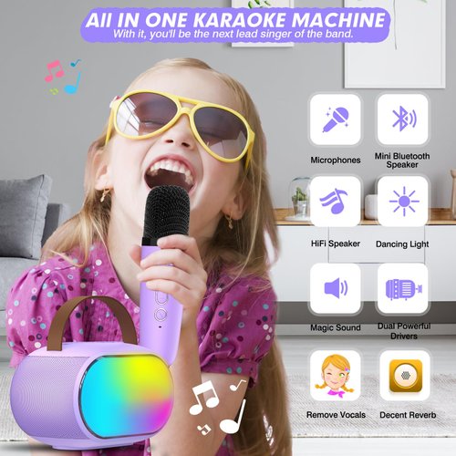 Heroange Karaoke Microphone Machine with 2 Drivers, Toy for Girls Boy Ages 3, 4, 5, 6, 7, 8, 9, 10, 11, 12+ Years Old, Portable Bluetooth Speaker Christmas Birthday Gift for Kids Teens Adults(Purple)