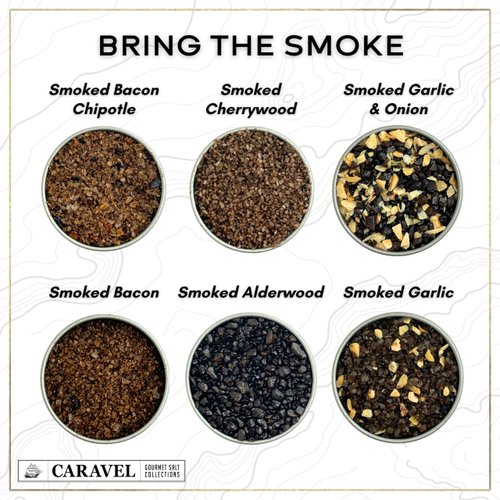 Smoked Sea Salt Sampler Set, Alderwood, Cherrywood, Bacon and Garlic Smoked Salts, Gourmet Cooking Gift, 0.5 oz x Bundle of 6 Flavored Salts - Caravel Gourmet Salt