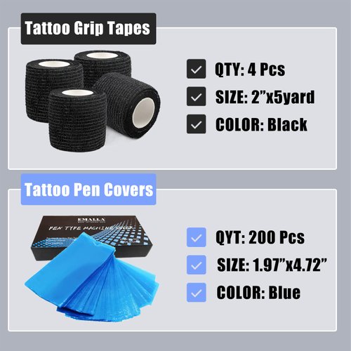 Tattoo Pen Covers and Grip Tape Wraps - NAQASE 200pcs Tattoo Machine Covers Pen Bags Pen Sleeves Covers Wrap and 4pcs Tattoo Grip Tape Wraps Bandages Elastic