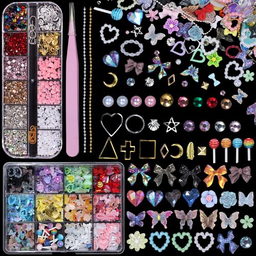 Assorted Nail Charms for Acrylic Nails, Mixed Bow Butterfly Flowers Lollipop Heart Pearls Nail Art Charms, Flatback Pearls, Colorful Rhinestones for Nails, Gold Rivet Nail Gems for Nail Art DIY Decor