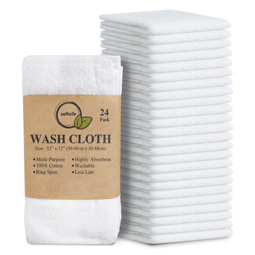 Softolle 100% Cotton Ring Spun Wash Cloths Pack of 24 (12x12 Inches)– Bulk Pack of Washcloths – Wash Cloth for Face, Highly Absorbent, Soft and Face Towels (White)