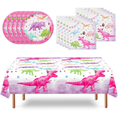 WERNNSAI Watercolor Dinosaur Party Supplies - Dinosaur Party Plates Napkins and Tablecloth for Girls Disposable Birthday Party Decorations Dessert Plates Napkins Tableware Serves 16 Guests 33 Pieces