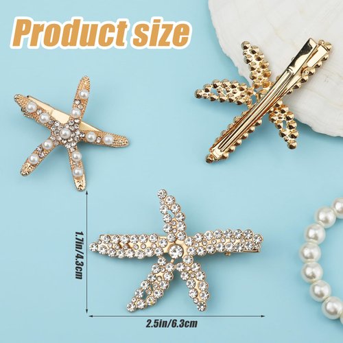 3pcs Starfish Hairpins, Elegant Rhinestone Starfish Barrette Clip Pearl Crystal Hair Clip Sea Star Hair Clips Starfish Hair Accessories for Women Girls (3 Styles)