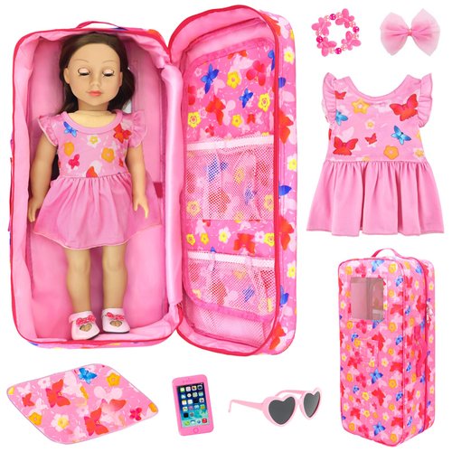 ZITA ELEMENT American 18 Inch Doll Butterfly Design Carrier Case Travel Bag, Doll Crossbody Shoulder Bag Backpack with Dress, Sunglasses, Hair Clip, Bracelet and Cushion for 18 Inch Doll Accessories