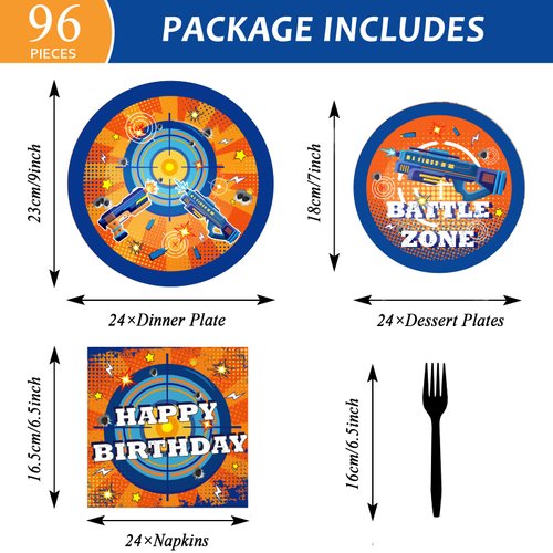 96 Pcs Dart War Party Plates and Napkins Party Supplies Dart War Themed Party Tableware Set Blue and Orange Party Decorations Favors for Kids Boys' Birthday Baby Shower Serves 24