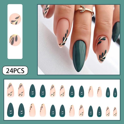WAFOLOZE Almond Press on Nails Medium Fake Nails Dark Green Gloss False Nails with Matte Nails&Green Leaf Designs Glue on Nails Acrylic Nails Press ons Artificial Nails Stick on Nails for Women 24Pcs