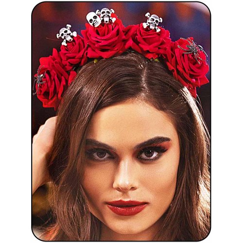 Woeoe Halloween Skull Headband Day of the Dead Costume Flower Crown Red Rose Floral Spider Headpiece Accessory for Women and Girls
