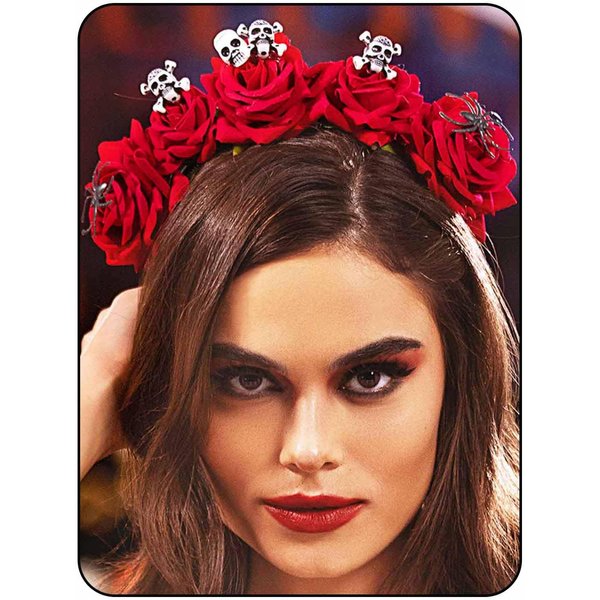 Woeoe Halloween Skull Headband Day of the Dead Costume Flower Crown Red Rose Floral Spider Headpiece Accessory for Women and Girls