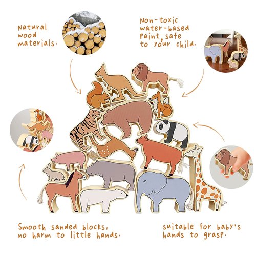 Xylolin Wooden Zoo Animal Blocks Stacking and Balancing Toy, Toddler Wood Animal Figures Blocks Imaginative Play, Preschool Educational Toys and Stack Balance Games for Kids