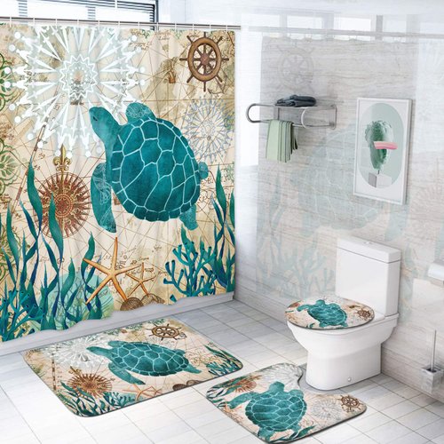 Sea Turtle Shower Curtain Sets with Non-Slip Rugs, Toilet Lid Cover and Mat, Nautical Ocean Durable Waterproof Bath Curtain with 12 Hook s