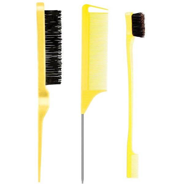 3 Pieces Teasing Brush Set Bristle Hair Brush 3 Row Teasing Brush Dual Edge Brush Sturdy Styling Comb Parting Comb for Brushing, Combing, Slicking Hair for Stylist Women (Yellow)