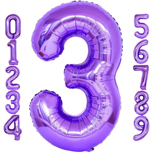 Purple Number 3 Balloons, 40 Inch Giant Number Balloons Foil Mylar Helium Purple Number 3 Balloons for 3th Birthday Party Supplies Anniversary Event Celebration Decorations
