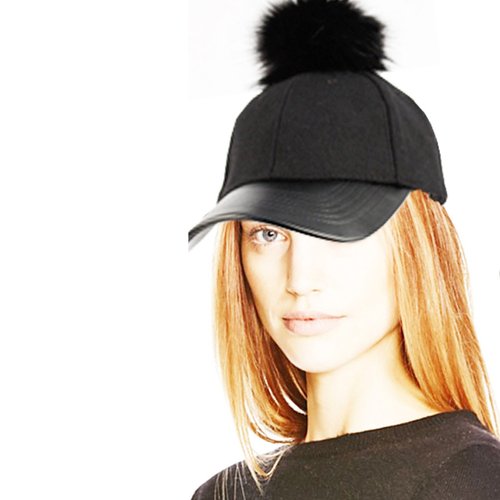 ANGELA & WILLIAM Women's Faux Fur Pom Pom Baseball Cap Black