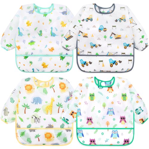Accmor 4 Pack Long Sleeve Baby Bibs, Waterproof Sleeved Bib, Toddler Soft Bib for 24-36 Months