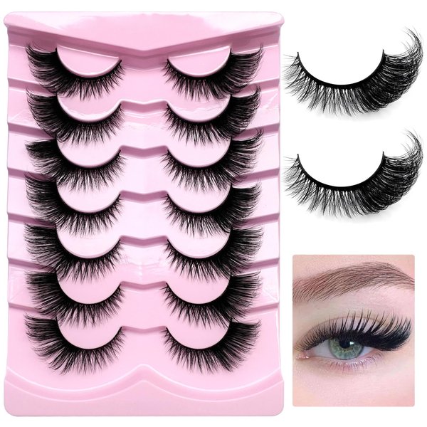 LoveOurHome 7 Pairs Faux Mink Fake Eyelashes Fluffy False Eyelashes Cat Eye Wispy Lashes Natural Look Lash Extension Eye Lashes 6D Volume False Lashes Wispy with Tweezers for Women Teen Girls