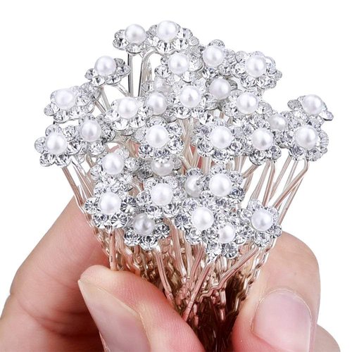 Onwon 40 Pcs Wedding Bridal Pearl Rhinestone Crystal Flower Hair Pins Clips, Faux White Pearl Rhinestone Crystal Hair Styling U Pins, Wedding Hair Pins Jewelry Accessories for Women and Girls