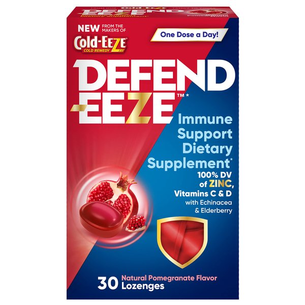 Defend-EEZE Immune Support Dietary Supplement Lozenges, 100% Daily Value of Zinc, Vitamins C & D per Dose, with Echinacea & Elderberry, Pomegranate Flavor, 30 Lozenges