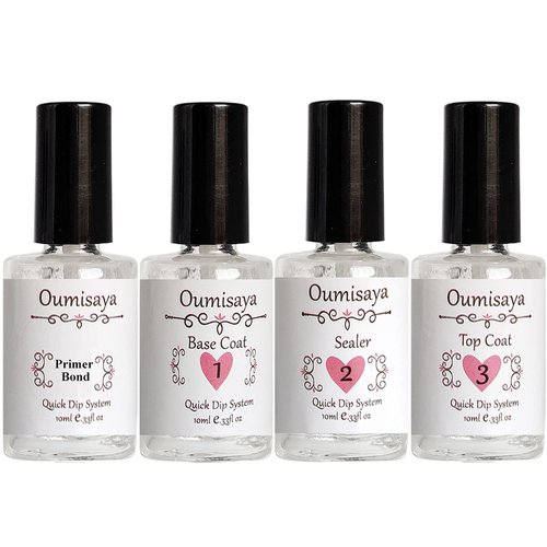 Oumisaya Nail Dip Powder Liquid Set include Primer Bond (Dehydrator), Base Coat, Activator (Seal Protect), Top Coat
