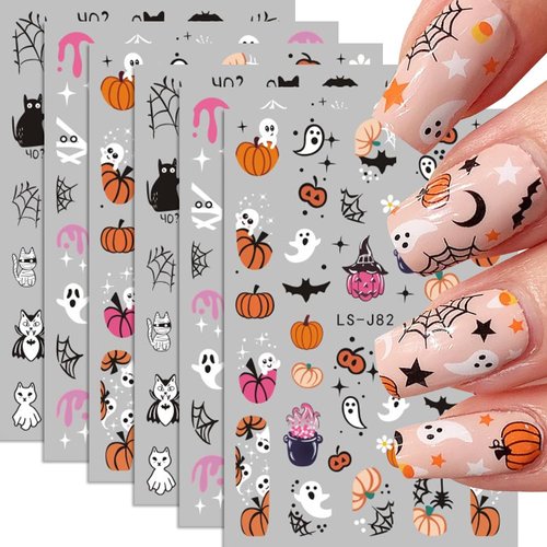 Halloween Nail Art Stickers, 3D Cute Halloween Nail Decals Self-Adhesive Ghost Pink Pumpkin Bat Cat Skull Holiday Designs Nail Supplies for Women Girls&Kids(6Pcs)