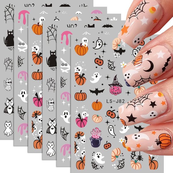 Halloween Nail Art Stickers, 3D Cute Halloween Nail Decals Self-Adhesive Ghost Pink Pumpkin Bat Cat Skull Holiday Designs Nail Supplies for Women Girls&Kids(6Pcs)