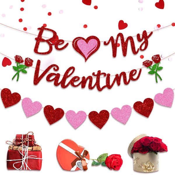 Valentines Banner Red Pink Heart Be My Valentine Words Garland Banner - Valentine’s Day Decor Banner for Valentine Party Decorations Anniversary Home Hanging Decoration Supplies