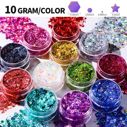 Teenitor Face Glitter Body Glitter Makeup Glitter Gel Hair Glitter, 12 Colors Body and Face Glitter Gel for Halloween Makeup, Star Glitter for Face, Body, Hair, 10g/Color
