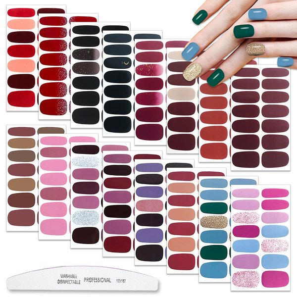 WOKOTO 16 Sheets Solid Gel Nail Wraps Nail Polish Stickers Gel Nail Strips Full Nail Stickers for Women Self Adhesive Nail Decals Nail Polish Strips for Nail Art Stickers Nails Gel Stickers for Girls