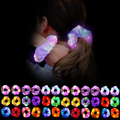 Piklodo 36 Pcs Light Up Scrunchies, LED Hair Scrunchie for Women in 14 Colors, 3 Light Modes Glow in the Dark Hair Accessories for Rave Neon Glow Party Favor Birthday Gift